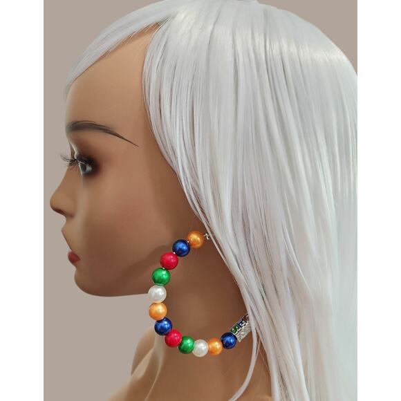 OES Eastern Star Earrings with White, Blue, Yellow, Red & Green Pearls - Picture 1 of 5